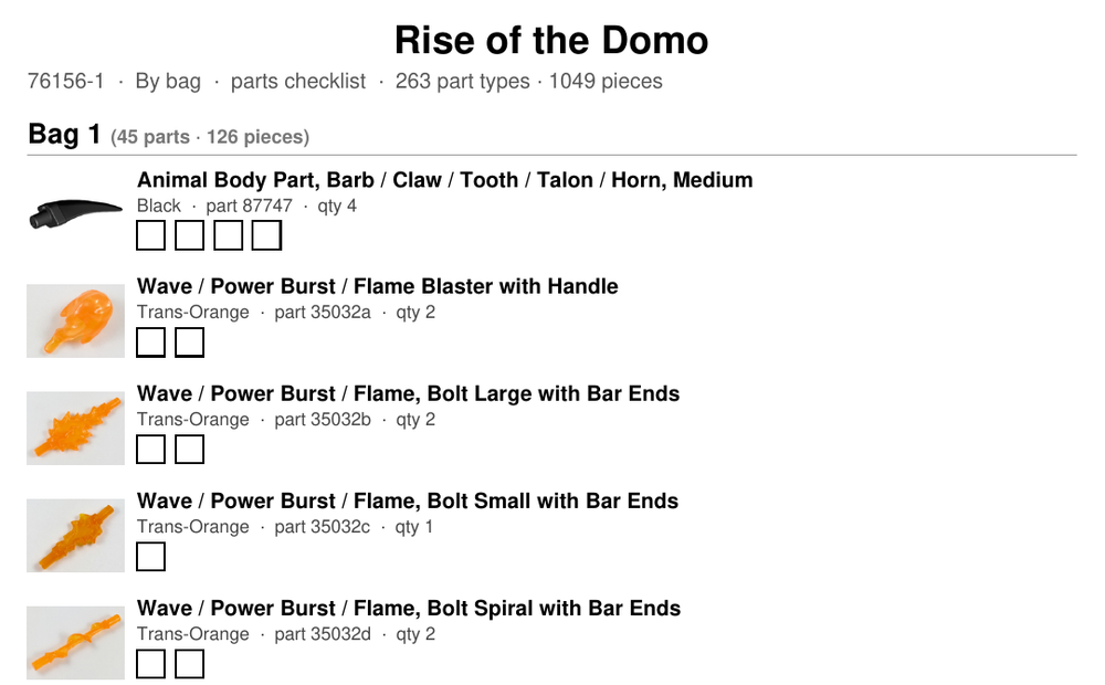 The top of page one of a generated checklist PDF for set 76156-1: the set name, a Bag 1 heading, and part entries, each with a photo of the part, its full name, its colour name, its part number and an empty tick box per piece.